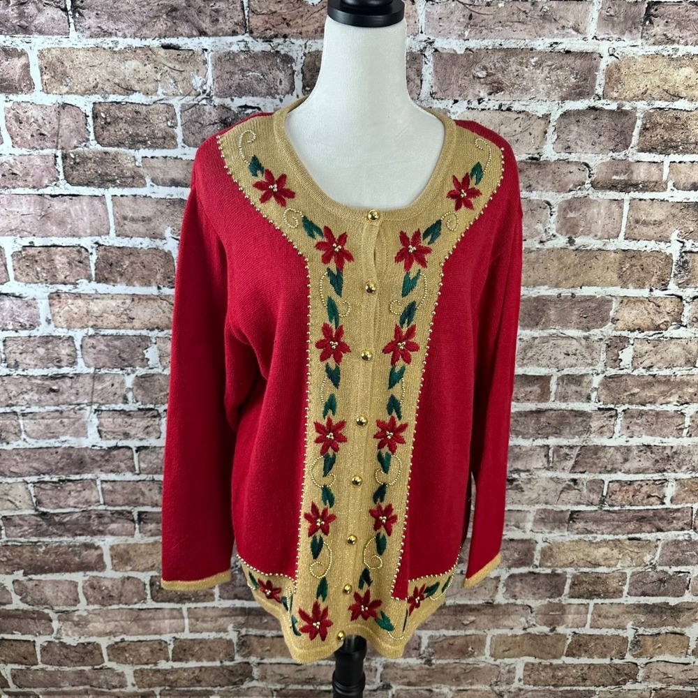 Dressbarn Women's Red Poinsettia Floral Embroidered Cardigan Sweater 1X